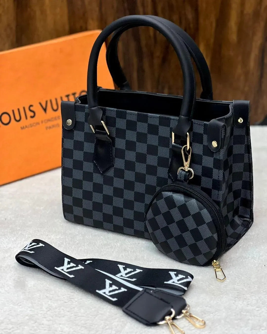 Girls Black Checkered Handbag with Strap