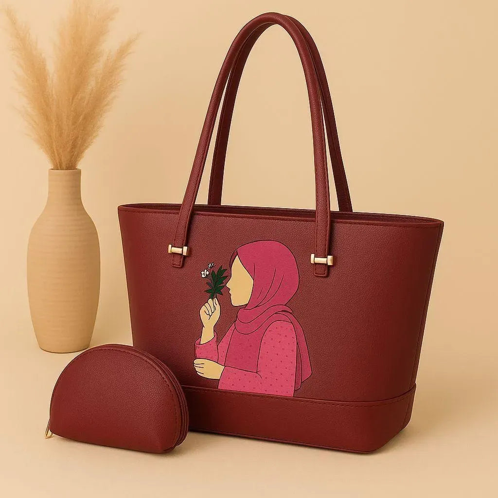 Women PU Leather Handbag Set Maroon 2 Pcs