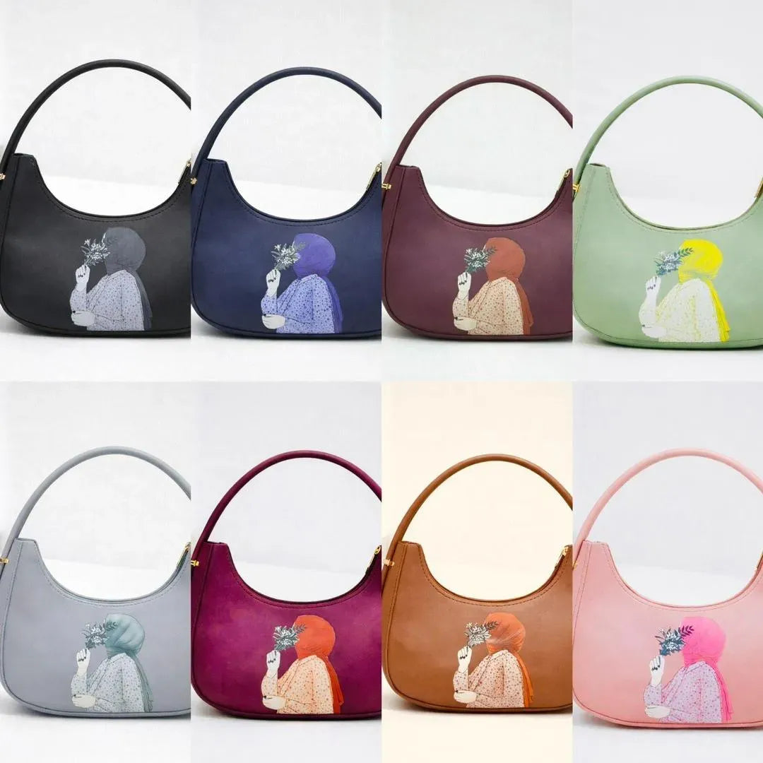 Grey Leather Shoulder Bag for Girls with Printed Design