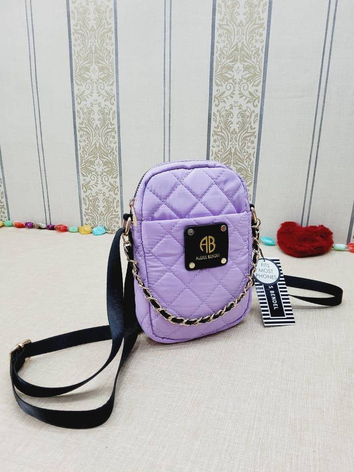 Purple Quilted Nylon Crossbody Bag With Chain Strap