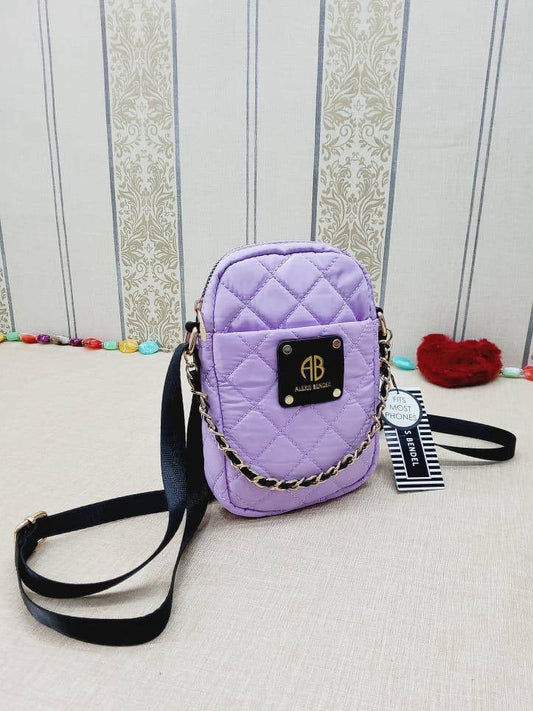 Purple Quilted Nylon Crossbody Bag With Chain Strap