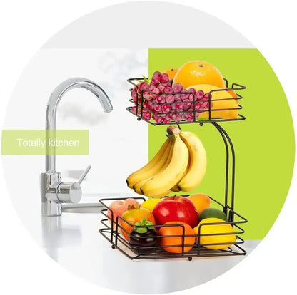 2-Tier Square Fruit Basket Black Metal Produce Stand