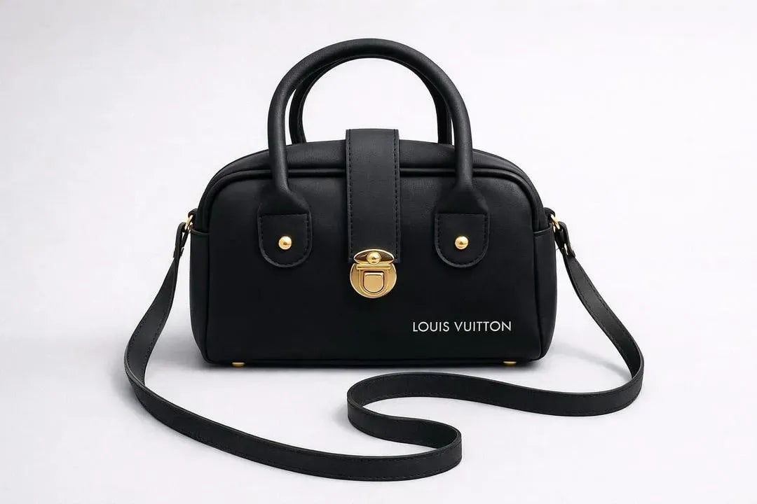 Women's Black Leather Shoulder Bag with Gold Hardware