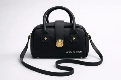 Women's Black Leather Shoulder Bag with Gold Hardware