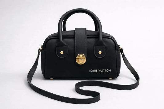 Women's Black Leather Shoulder Bag with Gold Hardware