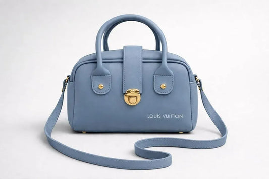 Blue Leather Shoulder Bag for Women with Gold Hardware
