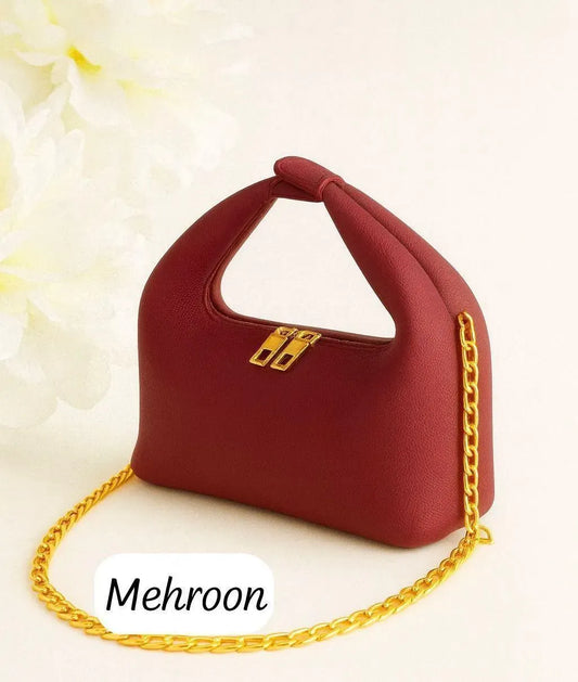 Maroon Leather Shoulder Bag with Gold Chain for Women