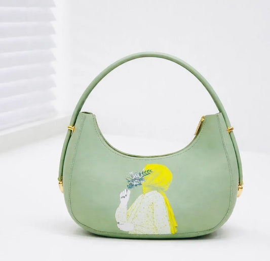 Green Leather Shoulder Bag for Girls with Print