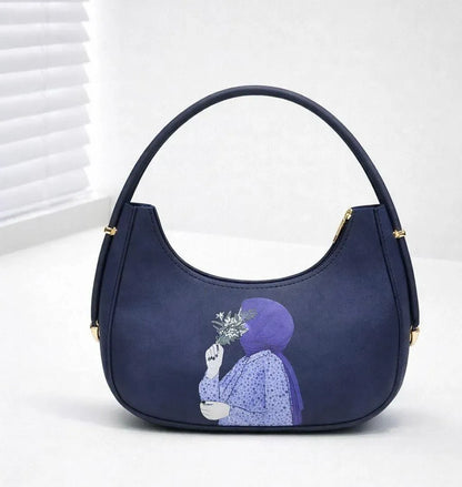 Blue Leather Shoulder Bag for Girls with Printed Design