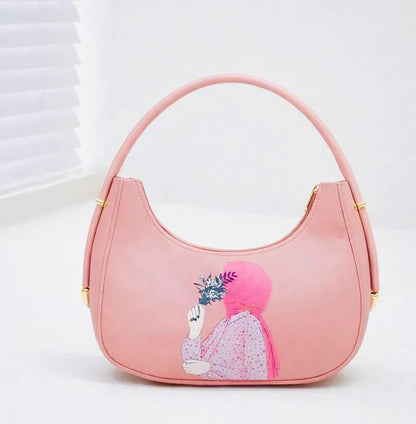 Pink Leather Shoulder Bag for Girls with Floral Print