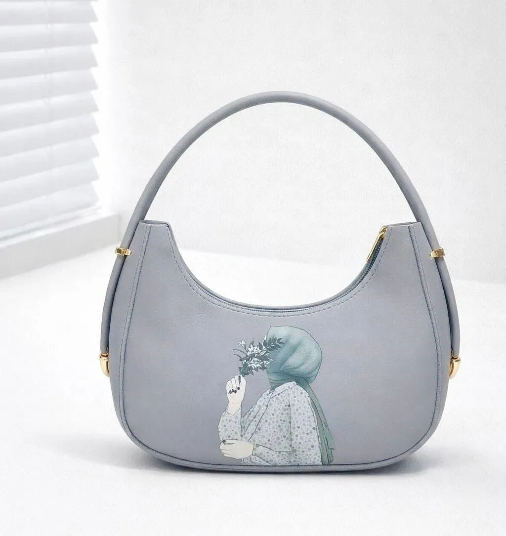 Grey Leather Shoulder Bag for Girls with Printed Design