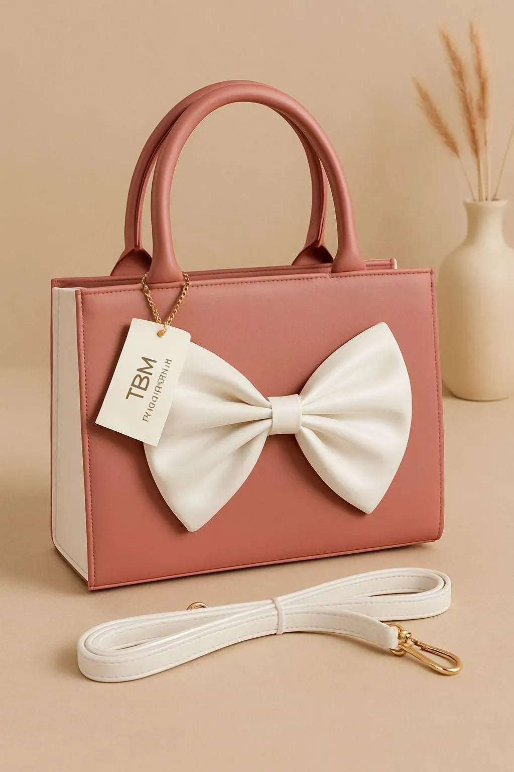 Pink Bow Handbag for Women PU Leather Top Handle
