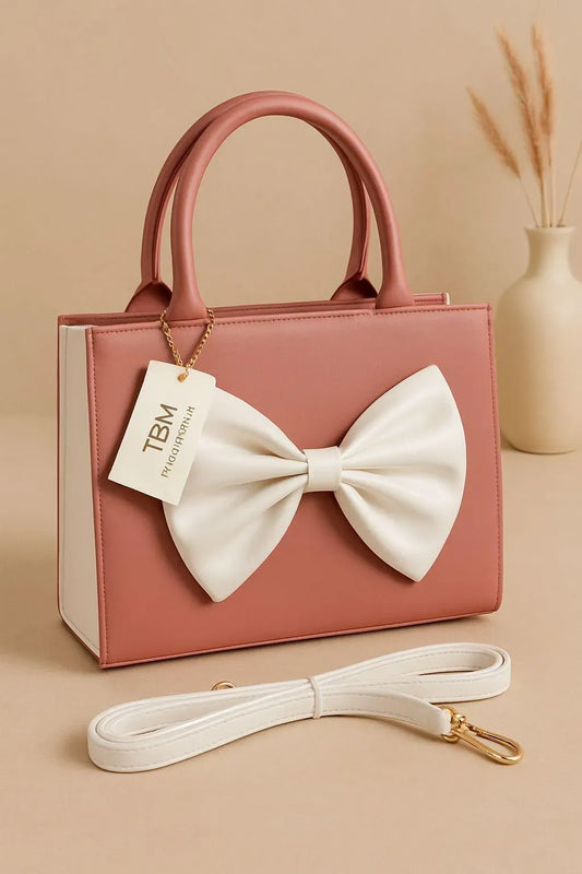 Pink Bow Handbag for Women PU Leather Top Handle