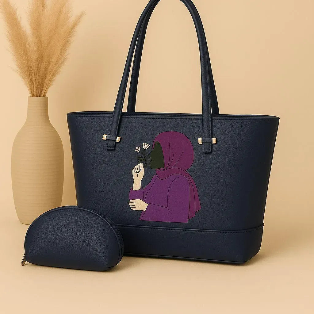 Women PU Leather Hand Bag Set Blue 2 Pcs