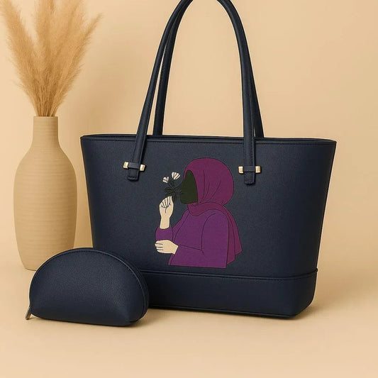 Women PU Leather Hand Bag Set Blue 2 Pcs