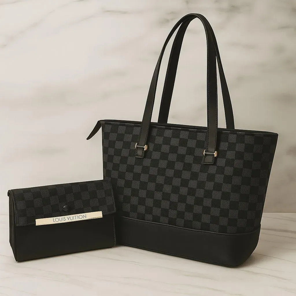 Girls Black Leather Handbag Set 2pcs Top Handle