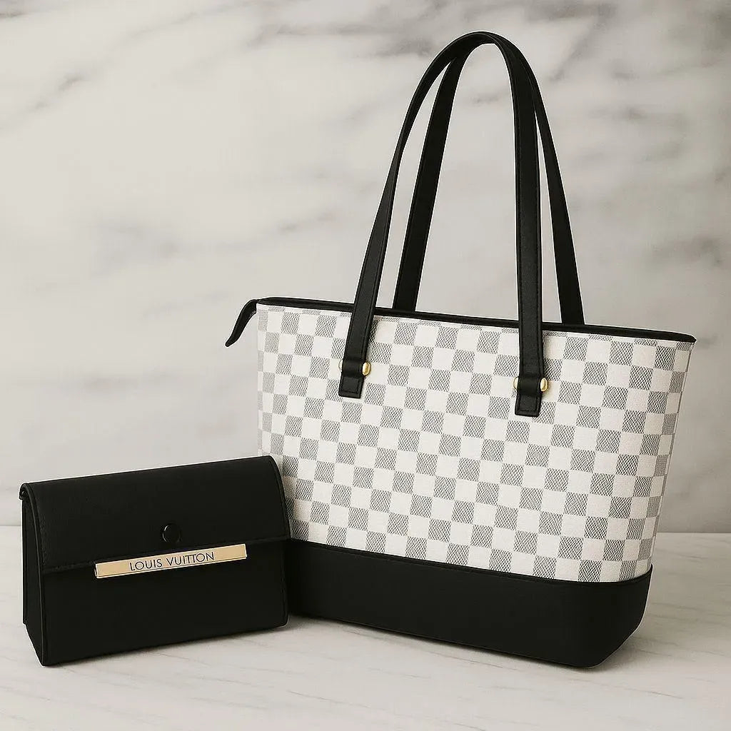 Girls White Leather Checkered Handbag Set with Wallet
