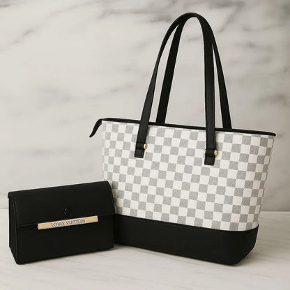 Girls White Leather Checkered Handbag Set with Wallet