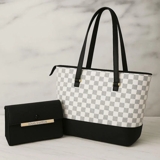 Girls White Leather Checkered Handbag Set with Wallet