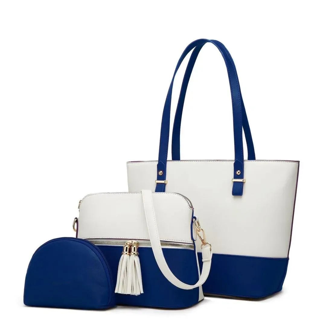 Women's Leather Shoulder Bag Set 3pcs Blue Mustard Beige