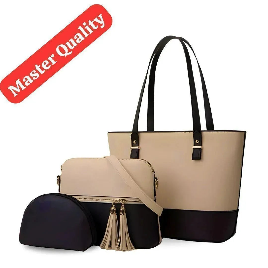 Women's Leather Shoulder Bag Set 3pcs Blue Mustard Beige