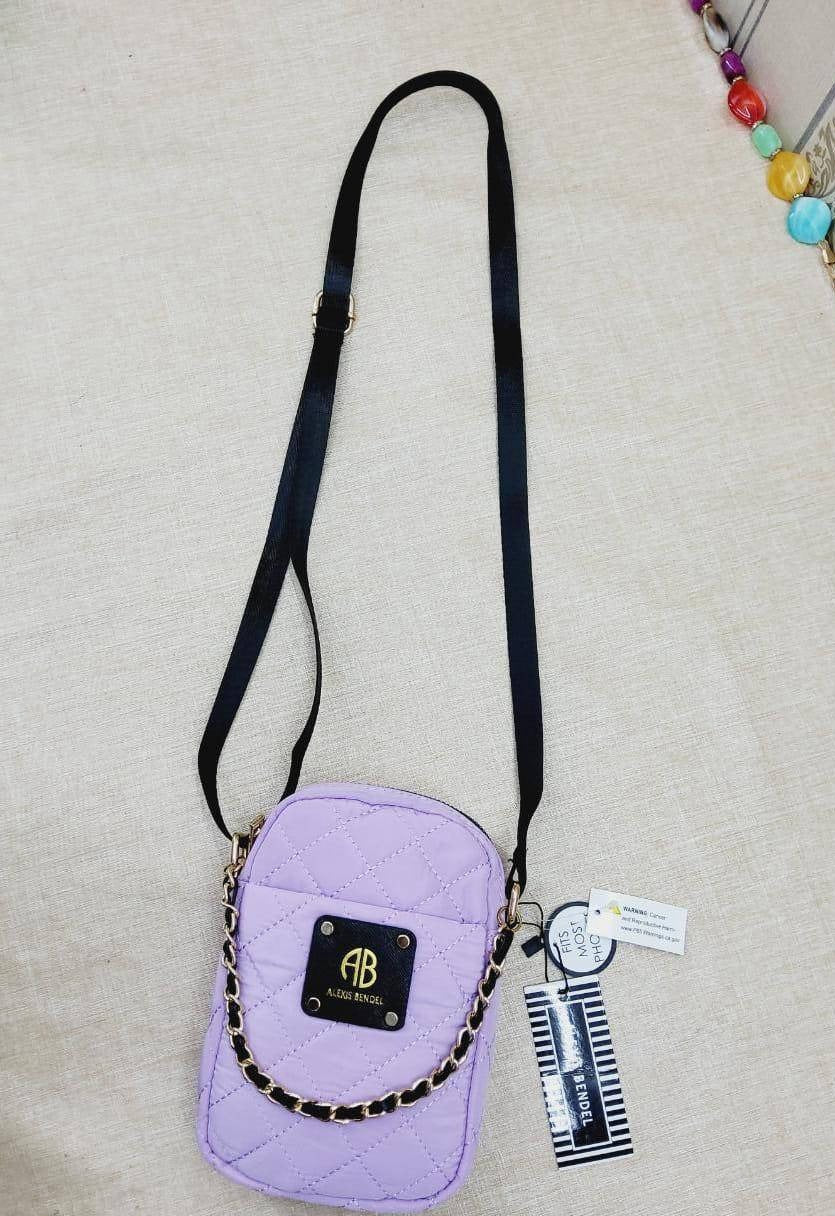 Purple Quilted Nylon Crossbody Bag With Chain Strap