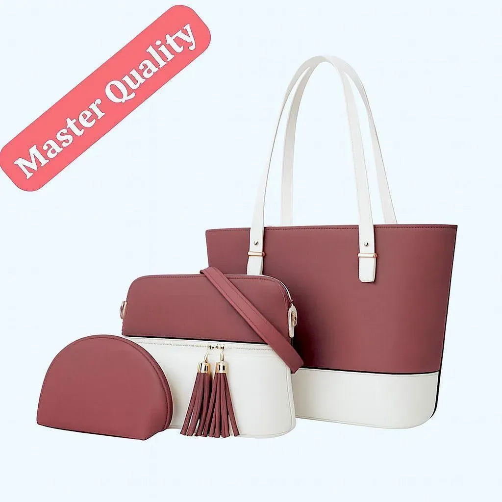 Women's Leather Shoulder Bag Set 3pcs Blue Mustard Beige