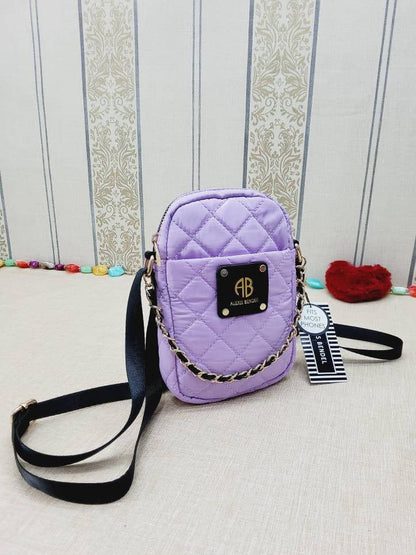 Purple Quilted Nylon Crossbody Bag With Chain Strap