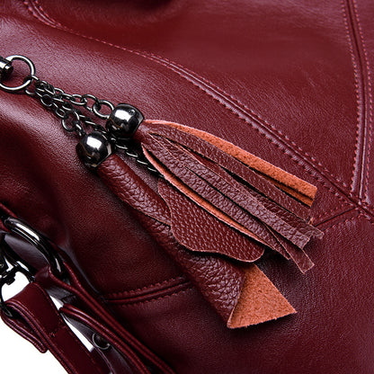 Red Soft Leather Crossbody Handbag with Tassel
