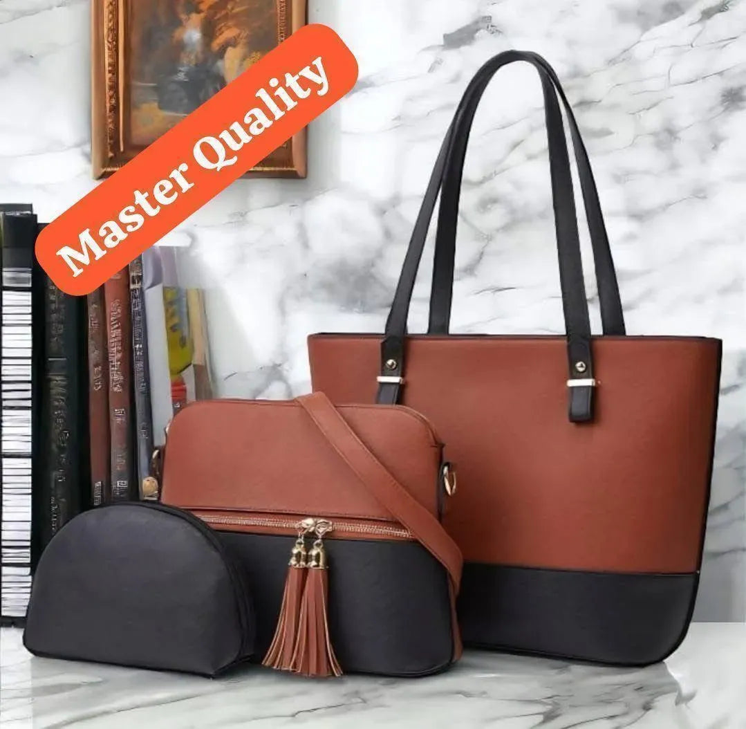 Women's Leather Shoulder Bag Set 3pcs Blue Mustard Beige