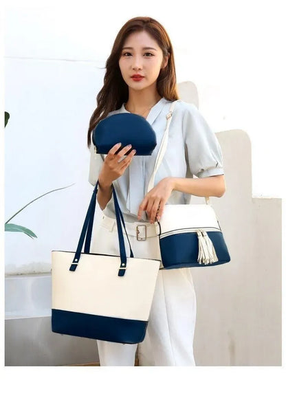 Women's Leather Shoulder Bag Set 3pcs Blue Mustard Beige